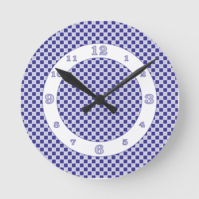 Indigo Blue Monochromatic Checks Round Clock (Front)