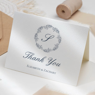 Indigo Blue Monogram Wreath Wedding Thank You Card