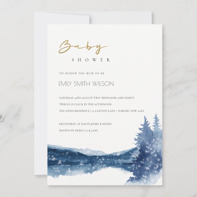 INDIGO BLUE MOUNTAIN LAKE BABY SHOWER INVITE (Front)