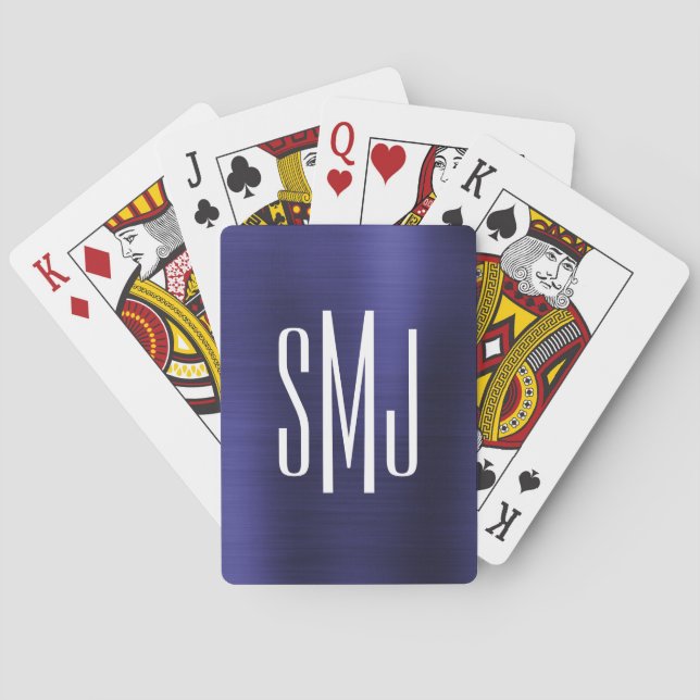 Indigo Blue Ombre Foil Three Letter Monogram Playing Cards (Back)