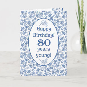 Indigo Blue on White Floral 80th Birthday Card