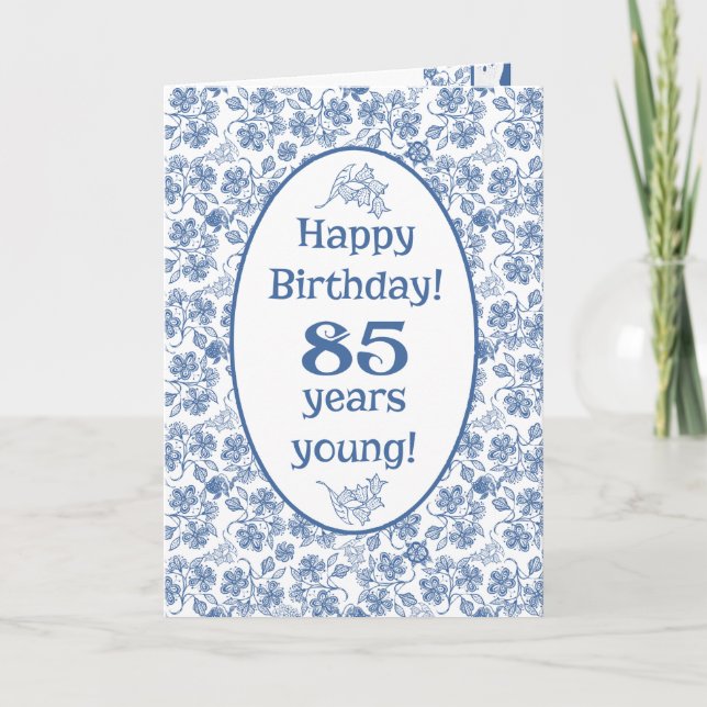 Indigo Blue on White Floral 85th Birthday Card (Front)