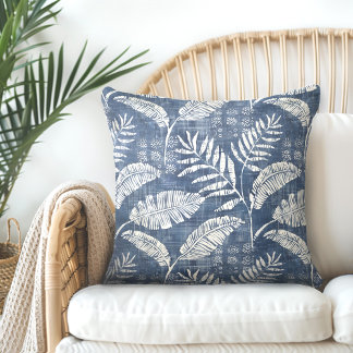 Indigo Blue Palm Leaves Throw Pillow