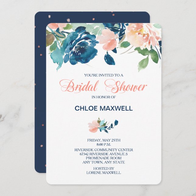 Indigo Blue Peach Roses Bridal Shower Invitation (Front/Back)