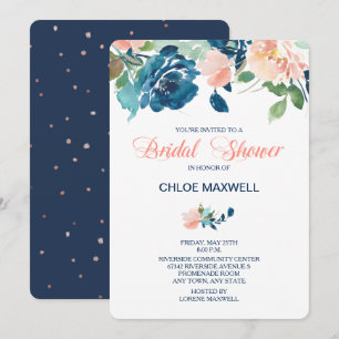 Indigo Blue Peach Roses Bridal Shower Invitation