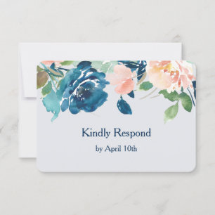 Indigo Blue Peach Roses Wedding RSVP Card