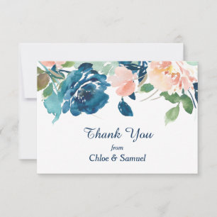 Indigo Blue Peach Roses Wedding Thank You Card