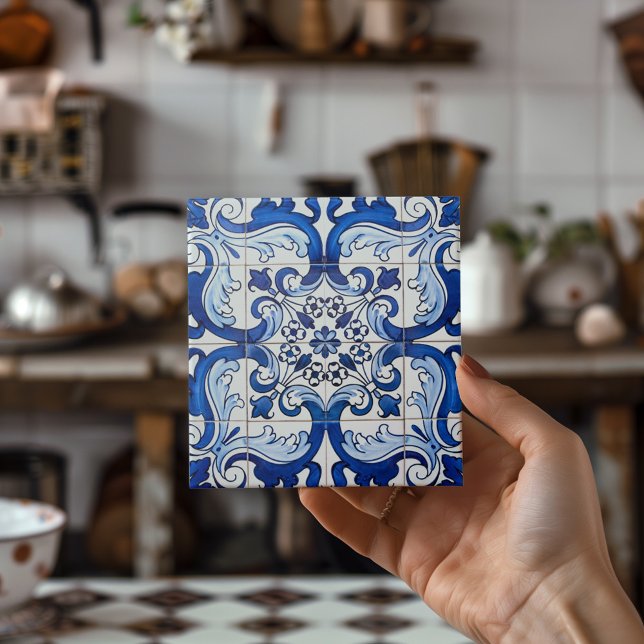 Indigo Blue Portuguese Lisbon Azulejo Decorative Tile (Indigo Blue Portuguese Lisbon Azulejo Decorative Ceramic Tile Presented By A Woman's Hand)