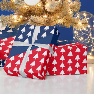 Indigo Blue Red White Christmas Tree Pattern Wrapping Paper