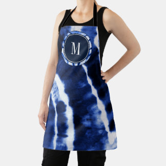 Indigo Blue Shibori Tie Dye Watercolor Monogram Apron
