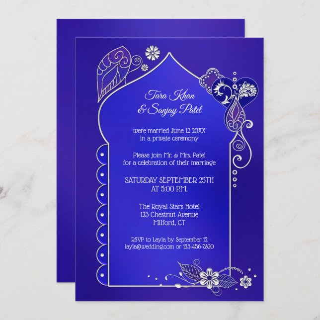 Indigo Blue Silver Henna After Wedding Invitation (Front/Back)