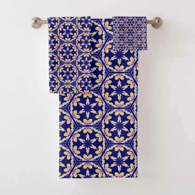 Indigo Blue Spanish Mediterranean Tile Pattern Bath Towel Set (Insitu)
