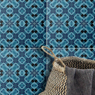Indigo Blue Symmetrical Mosaic Geometric Pattern Tile
