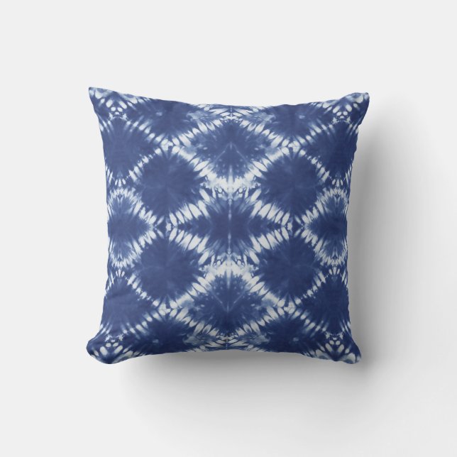 Indigo Blue Tie Dye Abstract Shibori Cushion (Front)