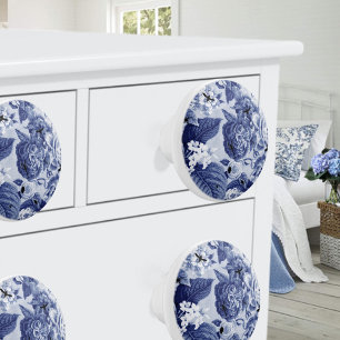 Indigo Blue Vintage Botanical & Bugs Floral Toile Ceramic Knob