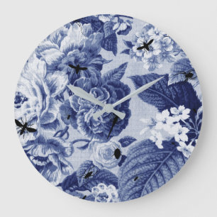 Indigo Blue Vintage Botanical & Bugs Floral Toile Large Clock
