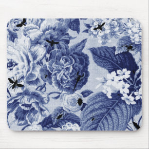 Indigo Blue Vintage Botanical Floral Toile & Bees Mouse Pad