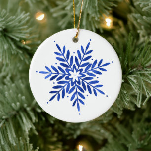 Indigo Blue Watercolor Abstract Snowflake Ceramic Tree Decoration