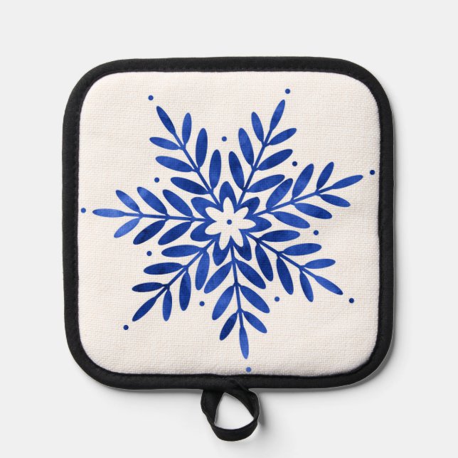 Indigo Blue Watercolor Abstract Snowflake   Pot Holder (Front)