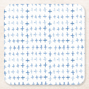 Indigo blue watercolor crosses shibori pattern square paper coaster