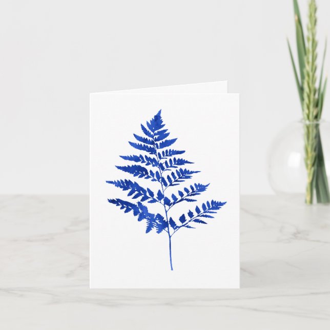 Indigo Blue Watercolor Fern Leaves Note Card (Front)