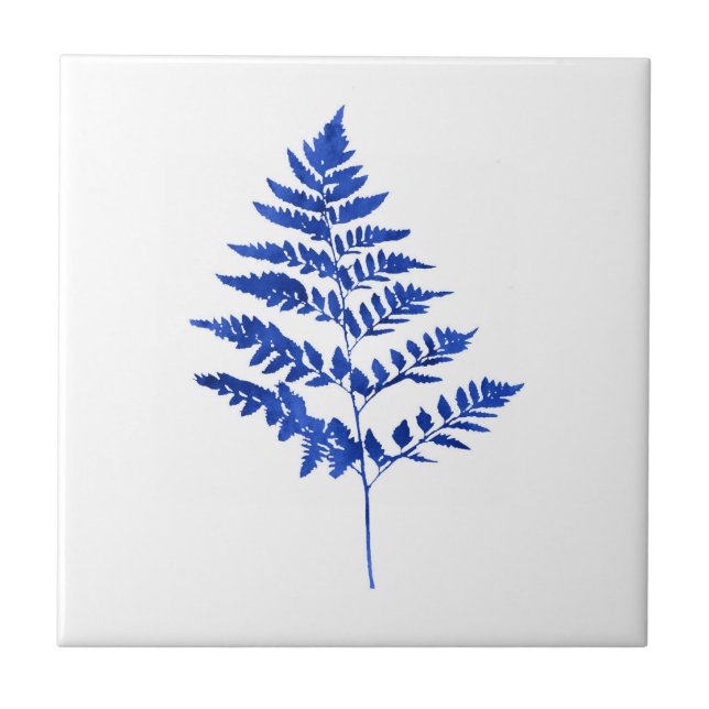 Indigo Blue Watercolor Fern Leaves Tile (Front)