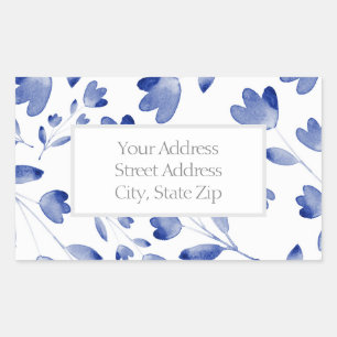 Indigo Blue Watercolor Flower Stems Pattern Labels
