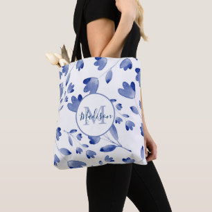Indigo Blue Watercolor Flower Stems Pattern Tote Bag