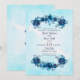 Indigo Blue Watercolor Flowers Floral Wedding Invitation