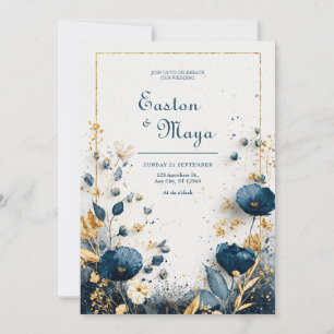 Indigo Blue Watercolor Gold Floral Elegant Wedding Invitation
