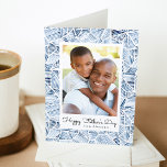 Indigo Blue Watercolor Photo Happy Father's Day Card<br><div class="desc">Stylish, modern father's day greeting card featuring your favourite family photo framed in white with a geometric indigo blue watercolor pattern background. Personalise the front of the card by adding a custom greeting with your names below. The inside of the greeting card features space for a custom message or leave...</div>
