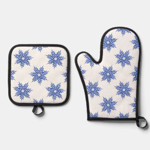 Indigo Blue Watercolor Snowflake Pattern Oven Mitt & Pot Holder Set