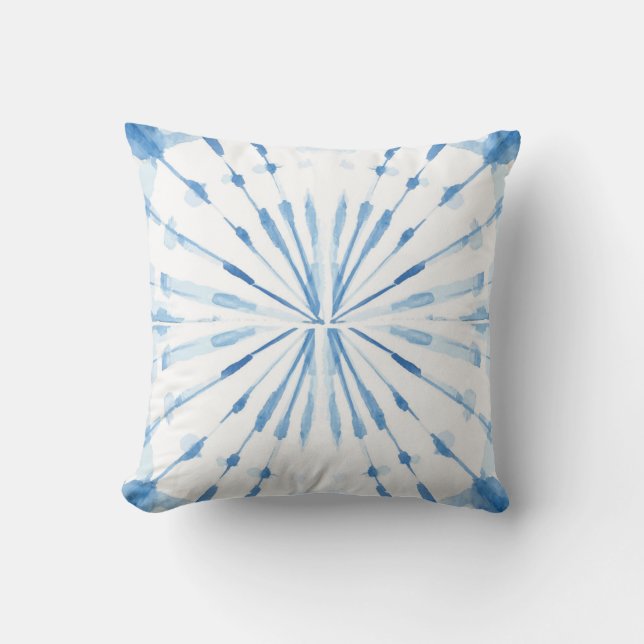 Indigo blue watercolor sunburst shibori pattern cushion (Front)