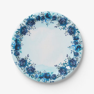 Indigo Blue Watercolor Vintage Flowers Floral Paper Plate