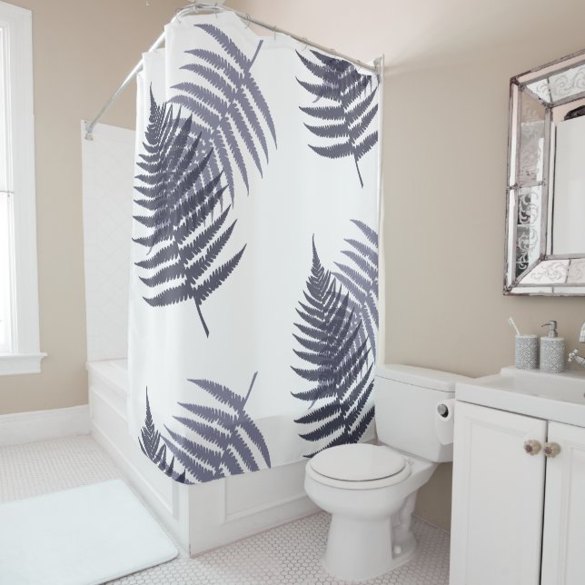 Indigo Blue White Tree Fern Leaves Pattern Shower Curtain (In Situ)