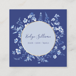 Indigo blue wildflowers gold circle business card