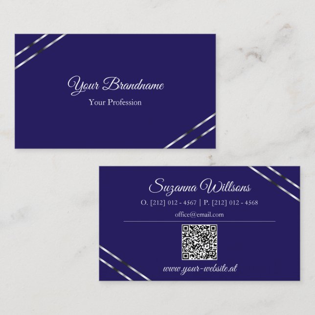 Indigo Blue with Silver Lines and QR Code Elegant Business Card (Front/Back)