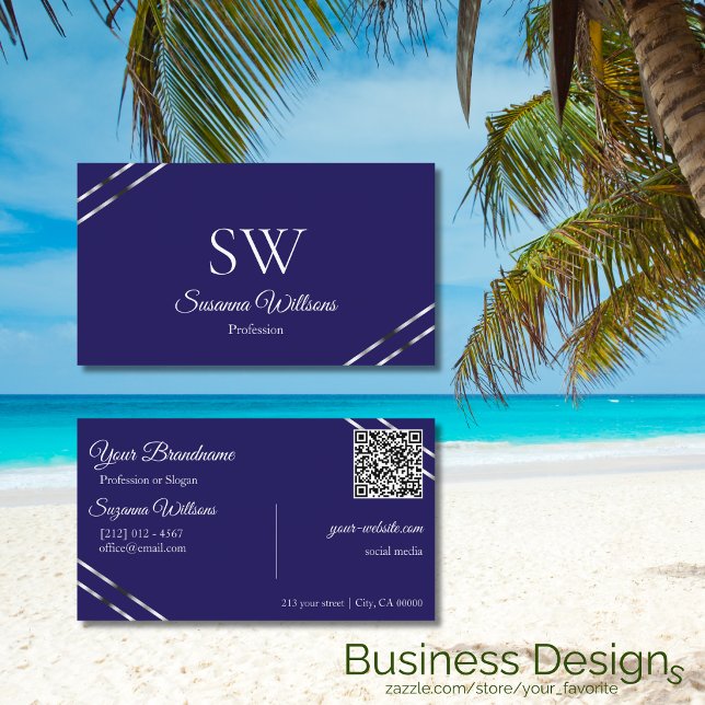 Indigo Blue with Silver Lines Monogram and QR Code Business Card (Creator Uploaded)