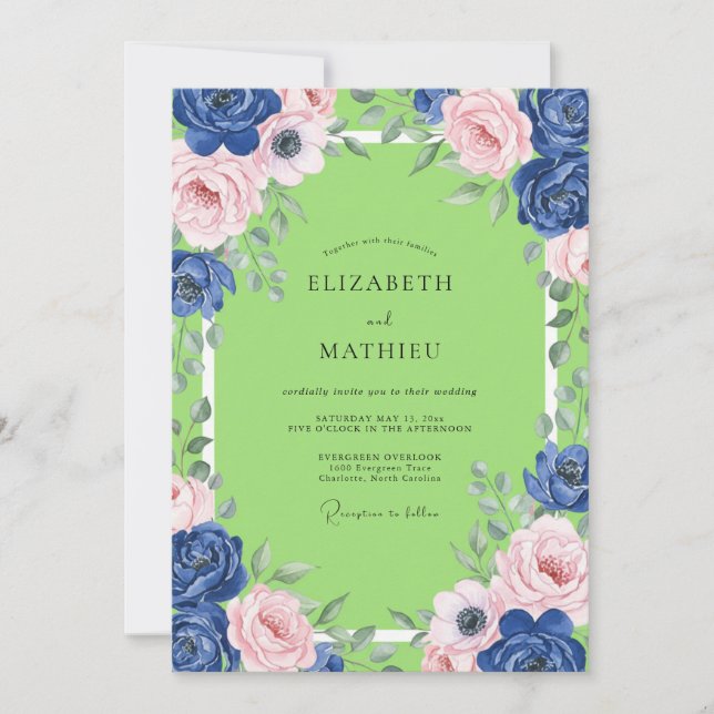 Indigo Blush Lime Ranunculus Eucalyptus Wedding Invitation (Front)