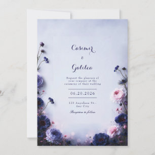 Indigo Blush Mist Floral Border Wedding Invitation