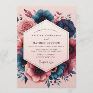 Indigo Blush Painterly Bloom Wedding Invitation