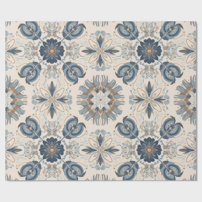 Indigo Boho Floral Mandalas  Wrapping Paper (Flat)