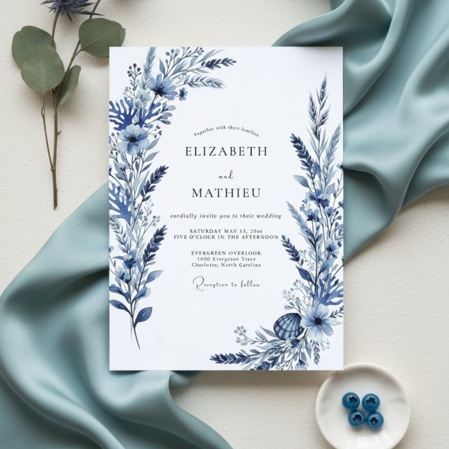 Indigo Botanical Flourish Wedding Invitation (Creator Uploaded)