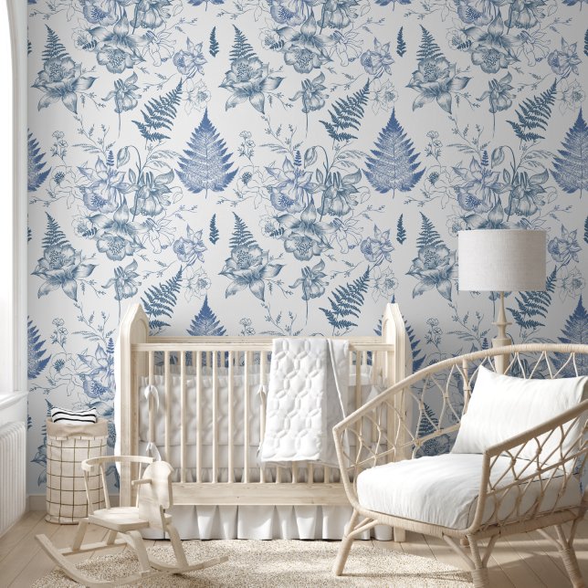 Indigo Botanical Sketch Wallpaper (Kids)
