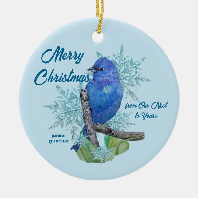 Indigo Bunting in the Snowflakes   Ceramic Tree Decoration (Front)