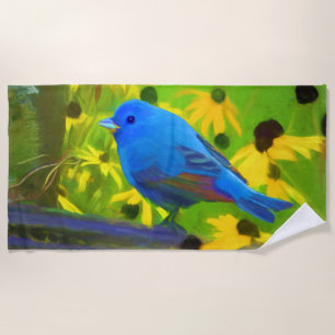 Indigo Bunting Painting - Original Bird Art Beach Towel