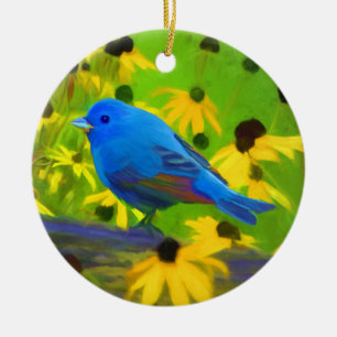 Indigo Bunting Painting - Original Bird Art Ceramic Tree Decoration