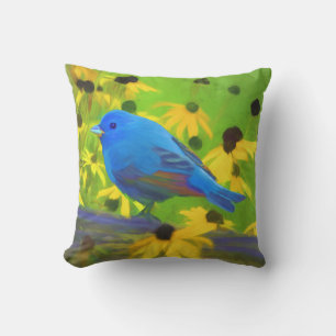 Indigo Bunting Painting - Original Bird Art Cushion