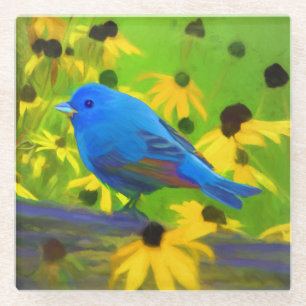 Indigo Bunting Painting - Original Bird Art Glass Coaster