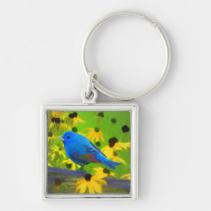 Indigo Bunting Painting - Original Bird Art Key Ring